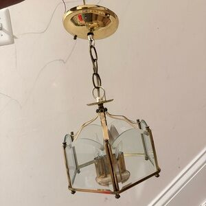 Vintage Brass & Beveled Glass Ceiling Light Fixture Pendant Foyer Hall Lantern